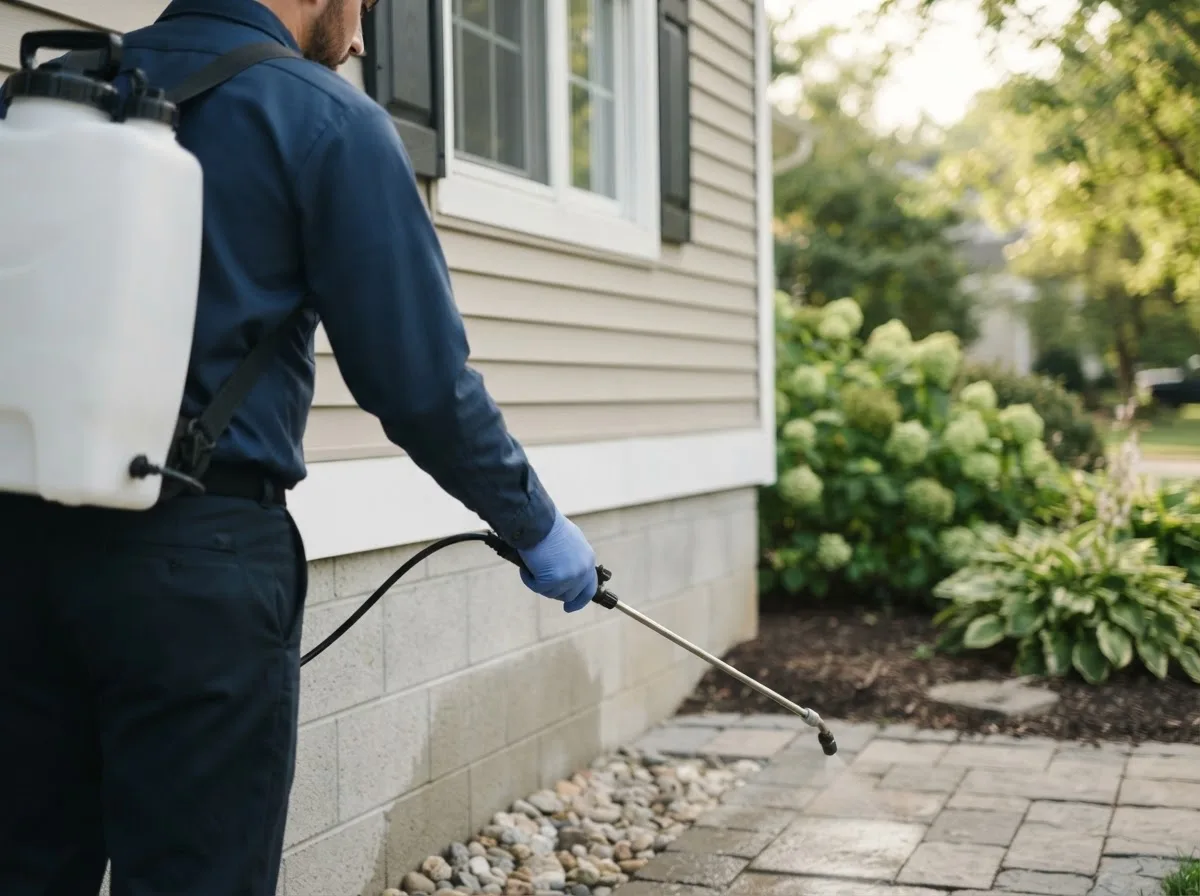 Pest control technician inspecting a home in Patton, CA